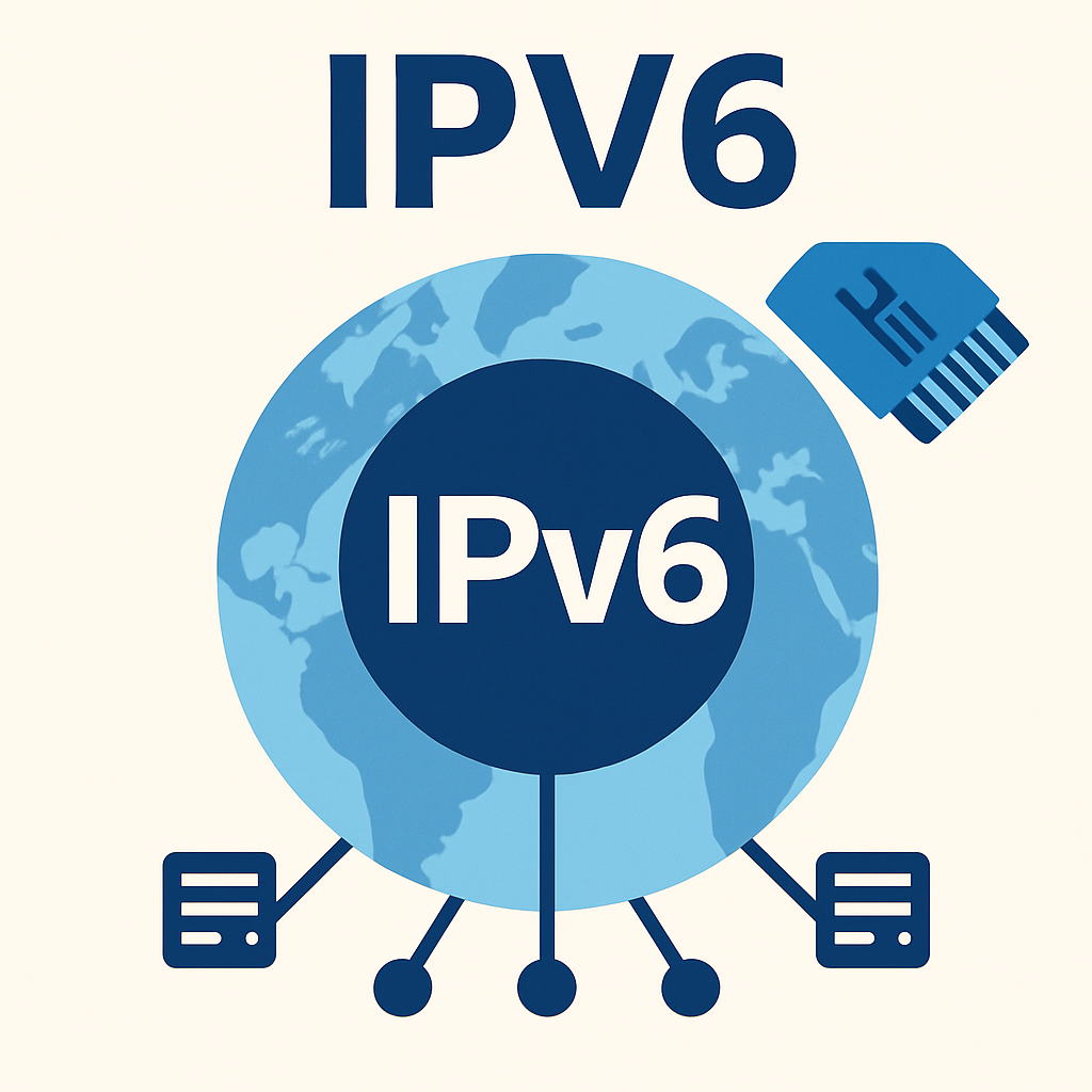 Representación visual de IPv6 con íconos de red, conectividad global y tecnología moderna.