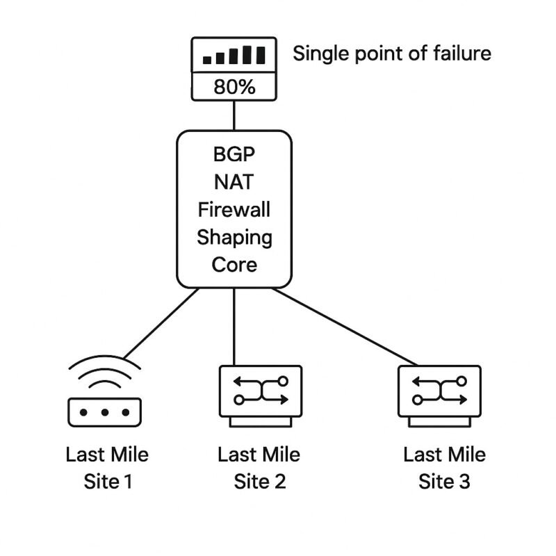 Diagrama de arquitectura centralizada con un solo router que representa un punto único de falla en redes ISP.