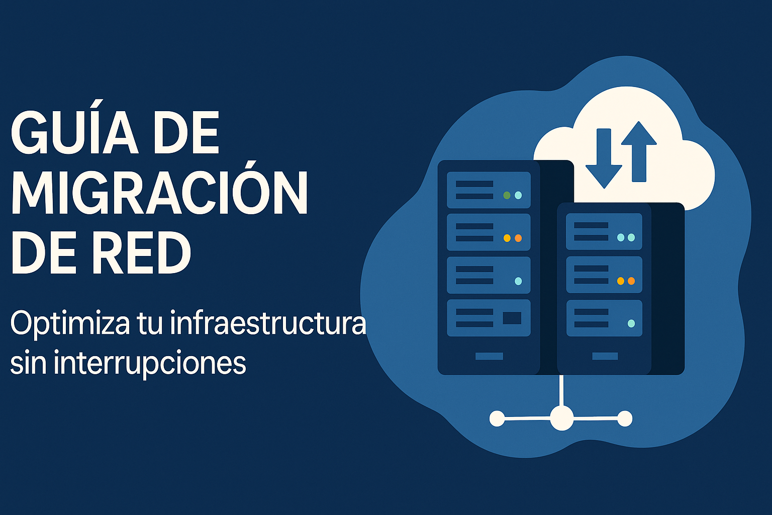 Banner informativo sobre migración de red, con ilustración de servidores conectados a la nube y el texto "Guía de migración de red – Optimiza tu infraestructura sin interrupciones".