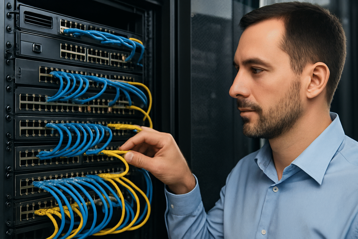 Ingeniero optimizando infraestructura para procesos de automatización de redes ISP.